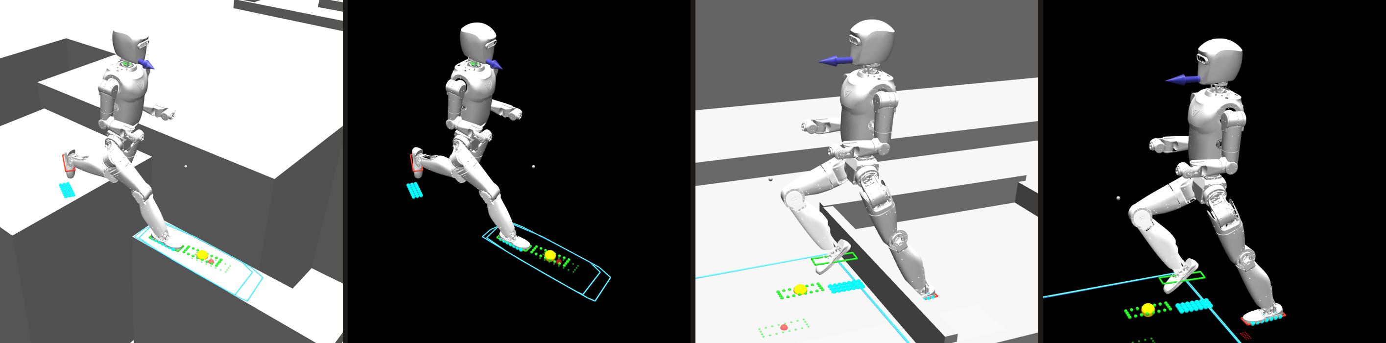 Four side-by-side simulation views of the humanoid crossing a gap and clearing a hurdle, with foothold planner targets overlaid on each landing site