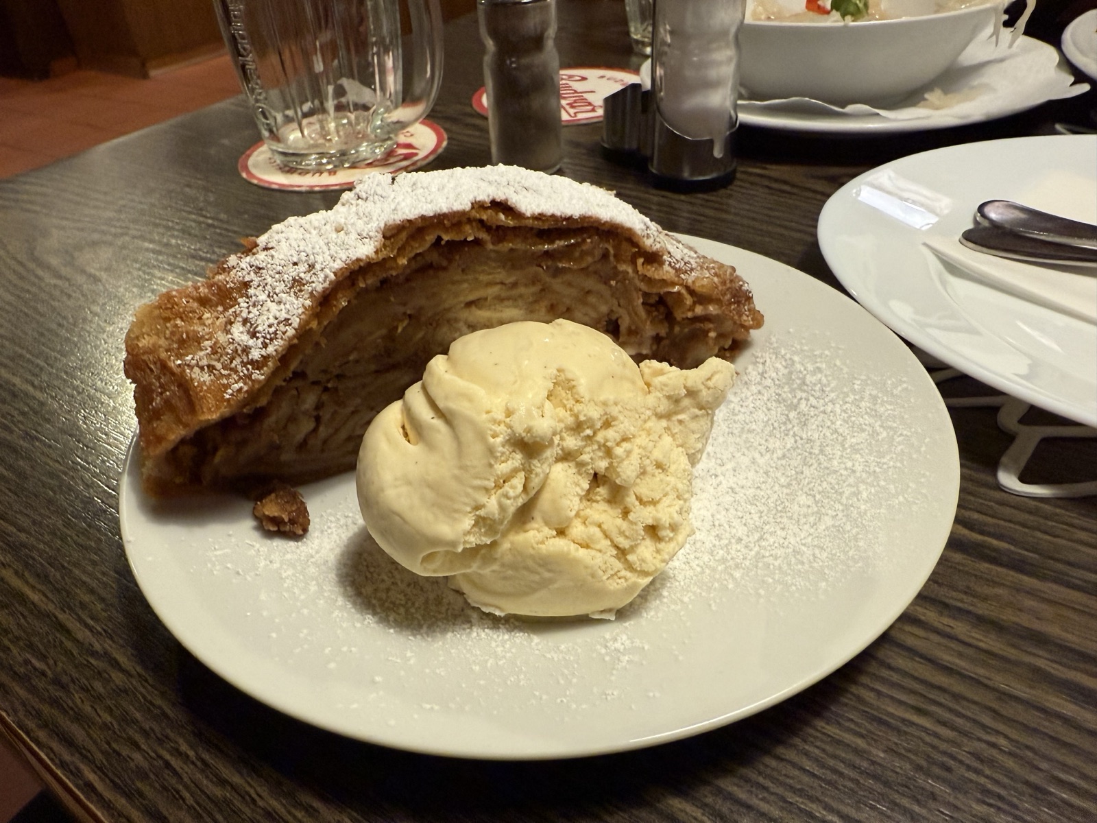 Apfelstrudel with a scoop of vanilla ice cream