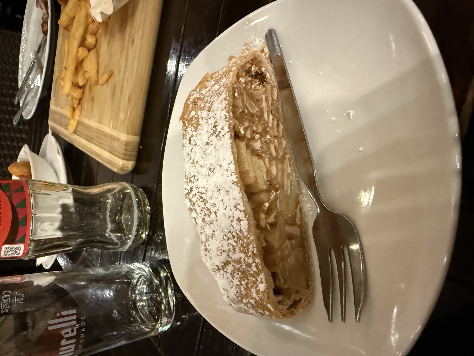 Apfelstrudel with a side of fries and lemonade