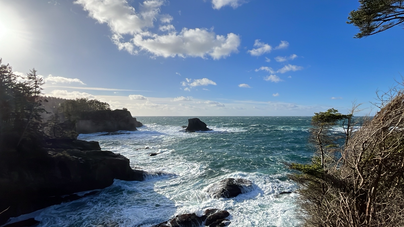 Waves breaking on the rocky coastline at Cape Flattery, the westernmost point in the contiguous United States