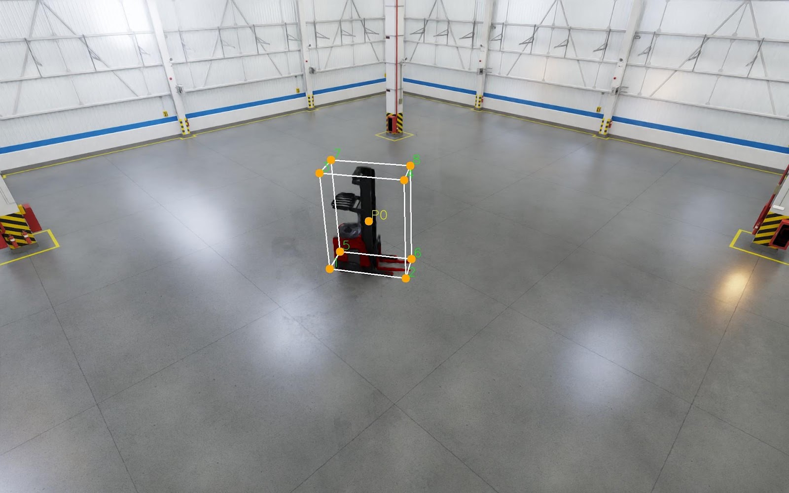 Forklift detected with a 3D bounding box from an infrastructure-mounted warehouse camera