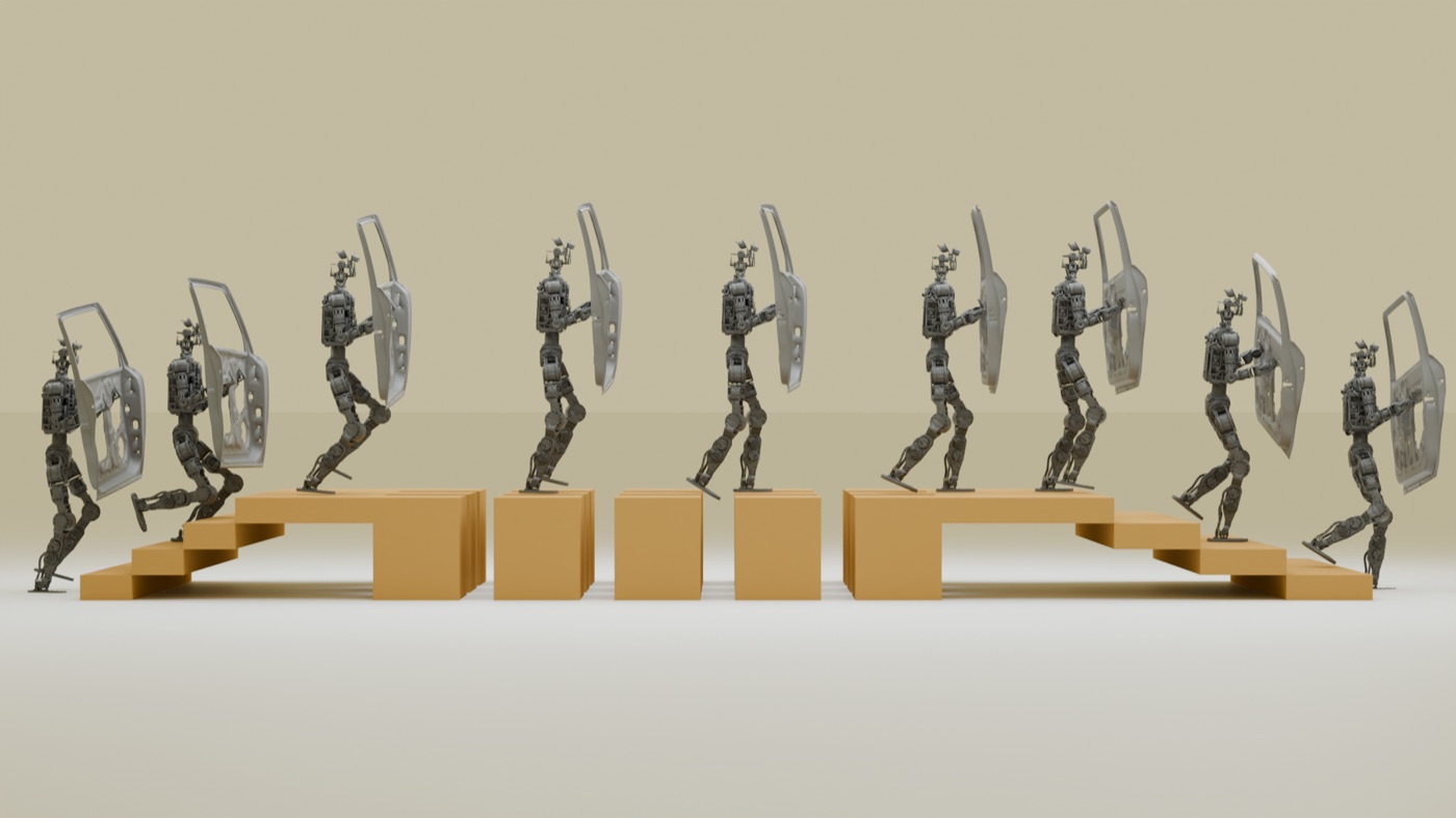 Service humanoid traversing structured terrain while carrying a payload, guided by terrain affordance cost maps